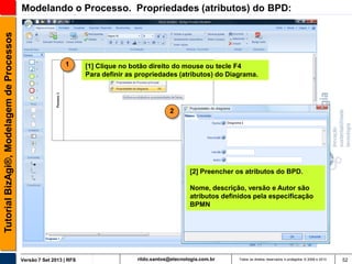 Tutorial BizAgi®, Modelagem de Processos

Modelando o Processo. Propriedades (atributos) do BPD:

1

[1] Clique no botão direito do mouse ou tecle F4
Para definir as propriedades (atributos) do Diagrama.

2

[2] Preencher os atributos do BPD.

Nome, descrição, versão e Autor são
atributos definidos pela especificação
BPMN

Versão 7 Set 2013 | RFS

rildo.santos@etecnologia.com.br

Todos os direitos reservados e protegidos © 2006 e 2013

52

 