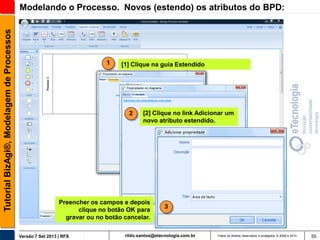 Tutorial BizAgi®, Modelagem de Processos

Modelando o Processo. Novos (estendo) os atributos do BPD:

1

[1] Clique na guia Estendido

2

[2] Clique no link Adicionar um
novo atributo estendido.

Preencher os campos e depois
clique no botão OK para
gravar ou no botão cancelar.
Versão 7 Set 2013 | RFS

3

rildo.santos@etecnologia.com.br

Todos os direitos reservados e protegidos © 2006 e 2013

55

 