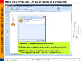 Tutorial BizAgi®, Modelagem de Processos

Modelando o Processo. As propriedades do participante:

2
1

Para definir as propriedades dos participantes:
[1] Selecionar o participante (representado pelo elemento: Pool)
[2] Definir os atributos do participante, neste momento
estabeleça somente nome e descrição do participante

Versão 7 Set 2013 | RFS

rildo.santos@etecnologia.com.br

Todos os direitos reservados e protegidos © 2006 e 2013

57

 