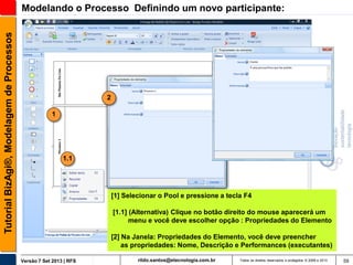 Tutorial BizAgi®, Modelagem de Processos

Modelando o Processo Definindo um novo participante:

2
1

1.1

[1] Selecionar o Pool e pressione a tecla F4
[1.1] (Alternativa) Clique no botão direito do mouse aparecerá um
menu e você deve escolher opção : Propriedades do Elemento
[2] Na Janela: Propriedades do Elemento, você deve preencher
as propriedades: Nome, Descrição e Performances (executantes)
Versão 7 Set 2013 | RFS

rildo.santos@etecnologia.com.br

Todos os direitos reservados e protegidos © 2006 e 2013

59

 