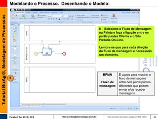 Tutorial BizAgi®, Modelagem de Processos

Modelando o Processo. Desenhando o Modelo:

6 – Selecione o Fluxo de Mensagem
na Paleta e faça a ligação entre os
participantes Cliente e o Site
Pizzaria On-Line.
Lembre-se que para cada direção
do fluxo de mensagem é necessário
um elemento.

BPMN
6
Fluxo de
mensagem

Versão 7 Set 2013 | RFS

rildo.santos@etecnologia.com.br

É usado para mostrar o
fluxo de mensagens
entre dois participantes
diferentes que podem
enviar e/ou receber
mensagens.

Todos os direitos reservados e protegidos © 2006 e 2013

65

 
