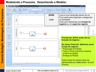 Tutorial BizAgi®, Modelagem de Processos

Modelando o Processo. Desenhando o Modelo:

BPMN
Lane

Lane é uma subdivisão dentro de um
Pool usado para organizar e categorizar
as atividades.
Uma Lane representa uma função de
negócio ou um papel de negócio.

Precisamos definir quais são as
funções de negócio...
No nosso Chek-list definimos como
função de negócio:
- Preparação do Pedido
- Fazer a Pizza (Cozinha) e separar
os itens do pedido
- Entrega do Pedido
Cada função de negócio deve ser
representada por Lane dentro do pool
Pizzaria

Versão 7 Set 2013 | RFS

rildo.santos@etecnologia.com.br

Todos os direitos reservados e protegidos © 2006 e 2013

66

 