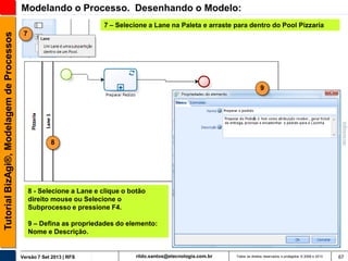 Modelando o Processo. Desenhando o Modelo:
Tutorial BizAgi®, Modelagem de Processos

7 – Selecione a Lane na Paleta e arraste para dentro do Pool Pizzaria
7

9

8

8 - Selecione a Lane e clique o botão
direito mouse ou Selecione o
Subprocesso e pressione F4.
9 – Defina as propriedades do elemento:
Nome e Descrição.

Versão 7 Set 2013 | RFS

rildo.santos@etecnologia.com.br

Todos os direitos reservados e protegidos © 2006 e 2013

67

 