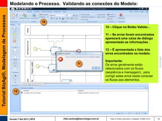 Tutorial BizAgi®, Modelagem de Processos

Modelando o Processo. Validando as conexões do Modelo:

10

10 – Clique no Botão Validar...
11 – Se erros foram encontrados
aparecerá uma caixa de diálogo
apresentado as informações .
12 – É apresentada a lista dos
erros encontrados no modelo.
11

Importante:
Os erros geralmente estão
relacionados com os fluxos
(seqüência e mensagem) , para
corrigir estes erros basta conectar
os fluxos aos elementos.

12

Versão 7 Set 2013 | RFS

rildo.santos@etecnologia.com.br

Todos os direitos reservados e protegidos © 2006 e 2013

71

 