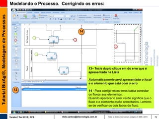 Tutorial BizAgi®, Modelagem de Processos

Modelando o Processo. Corrigindo os erros:

14

13– Tecle duplo clique em do erro que é
apresentado na Lista

Automaticamente será apresentado o local
e o elemento que está com o erro.
13

Versão 7 Set 2013 | RFS

14 - Para corrigir estes erros basta conectar
os fluxos aos elementos.
Quando aparecer o sinal verde significa que o
fluxo e o elemento estão conectados. Lembrese de verificar os dois lados do fluxo.

rildo.santos@etecnologia.com.br

Todos os direitos reservados e protegidos © 2006 e 2013

72

 