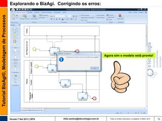 Tutorial BizAgi®, Modelagem de Processos

Explorando o BizAgi. Corrigindo os erros:

Agora sim o modelo está pronto!

Versão 7 Set 2013 | RFS

rildo.santos@etecnologia.com.br

Todos os direitos reservados e protegidos © 2006 e 2013

73

 
