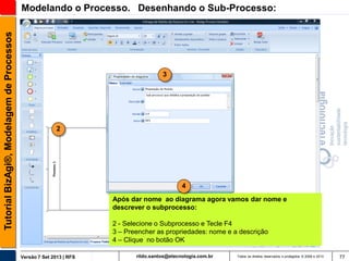 Tutorial BizAgi®, Modelagem de Processos

Modelando o Processo. Desenhando o Sub-Processo:

3

2

4
Após dar nome ao diagrama agora vamos dar nome e
descrever o subprocesso:
2 - Selecione o Subprocesso e Tecle F4
3 – Preencher as propriedades: nome e a descrição
4 – Clique no botão OK
Versão 7 Set 2013 | RFS

rildo.santos@etecnologia.com.br

Todos os direitos reservados e protegidos © 2006 e 2013

77

 