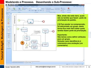 Tutorial BizAgi®, Modelagem de Processos

Modelando o Processo. Desenhando o Sub-Processo:

Mas, ainda não está claro, quais
são as tarefas que fazem parte da
priorização do pedido.
[ 9] Para ajudar na compreensão,
foi adicionado um grupo, desta
forma fica mais fácil saber quais
tarefas fazem parte da priorização.
Importante:
Não temos como definir atributos
para um grupo.
Solução: para identificá-lo é
colocamos uma anotação (um
comentário)

9

Versão 7 Set 2013 | RFS

rildo.santos@etecnologia.com.br

Todos os direitos reservados e protegidos © 2006 e 2013

83

 