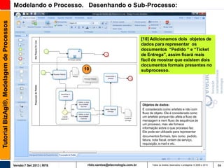 Tutorial BizAgi®, Modelagem de Processos

Modelando o Processo. Desenhando o Sub-Processo:

10

[10] Adicionamos dois objetos de
dados para representar os
documentos “Pedido “ e “Ticket
de Entrega”, assim ficará mais
fácil de mostrar que existem dois
documentos formais presentes no
subprocesso.

Objetos de dados:
É considerado como artefato e não com
fluxo de objeto. Ele é considerado como
um artefato porque não afeta a fluxo de
mensagem e nem fluxo de sequência de
um processo, mas ele fornece
informação sobre o que processo faz.
Ele pode ser utilizado para representar
documentos formais, tais como: pedido,
fatura, nota fiscal, ordem de serviço,
requisição, e-mail e etc.

Versão 7 Set 2013 | RFS

rildo.santos@etecnologia.com.br

Todos os direitos reservados e protegidos © 2006 e 2013

84

 