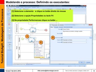 Tutorial BizAgi®, Modelagem de Processos

Modelando o processo: Definindo os executantes:

[1] Selecione o elemento e clique no botão direito do mouse
[2] Selecione a opção Propriedades ou tecle F4

[3] Na propriedade Performances clique no botão ...

1

3

2

Versão 7 Set 2013 | RFS

rildo.santos@etecnologia.com.br

Todos os direitos reservados e protegidos © 2006 e 2013

89

 