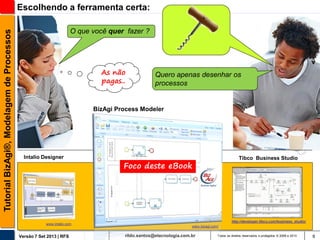 Tutorial BizAgi®, Modelagem de Processos

Escolhendo a ferramenta certa:
O que você quer fazer ?

As não
pagas..

Quero apenas desenhar os
processos

BizAgi Process Modeler

Intalio Designer

www.intalio.com

Versão 7 Set 2013 | RFS

Tibco Business Studio

Foco deste eBook

http://developer.tibco.com/business_studio/
www.bizagi.com/

rildo.santos@etecnologia.com.br

Todos os direitos reservados e protegidos © 2006 e 2013

9

 