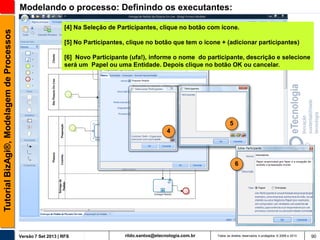 Tutorial BizAgi®, Modelagem de Processos

Modelando o processo: Definindo os executantes:
[4] Na Seleção de Participantes, clique no botão com ícone.
[5] No Participantes, clique no botão que tem o ícone + (adicionar participantes)
[6] Novo Participante (ufa!), informe o nome do participante, descrição e selecione
será um Papel ou uma Entidade. Depois clique no botão OK ou cancelar.

5
4

6

Versão 7 Set 2013 | RFS

rildo.santos@etecnologia.com.br

Todos os direitos reservados e protegidos © 2006 e 2013

90

 