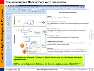 Tutorial BizAgi®, Modelagem de Processos

Documentando o Modelo: Para ver o documento

1
2
[1] Selecione o elemento clique o botão direito mouse ou selecione o elemento
e pressione F4.
[2] Para ver o documento Selecione no Menu a opção Anexos ou Tecle Ctrl+T
Versão 7 Set 2013 | RFS

rildo.santos@etecnologia.com.br

Todos os direitos reservados e protegidos © 2006 e 2013

95

 