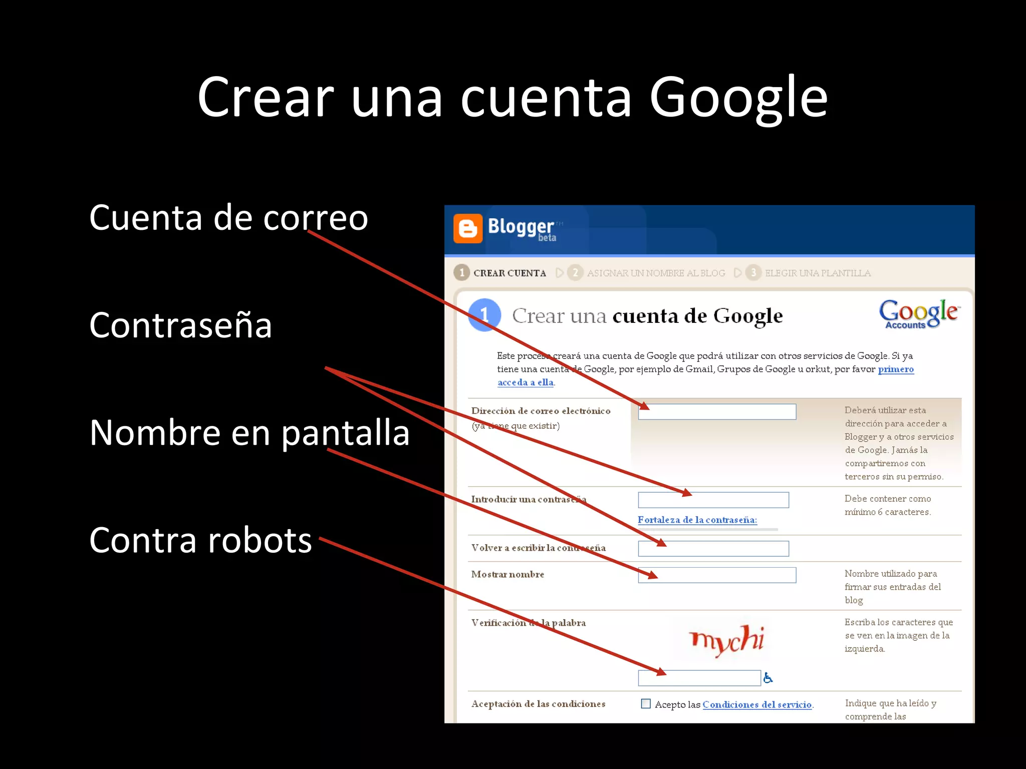 Crear una cuenta Google Cuenta de correo Contraseña Nombre en pantalla Contra robots 