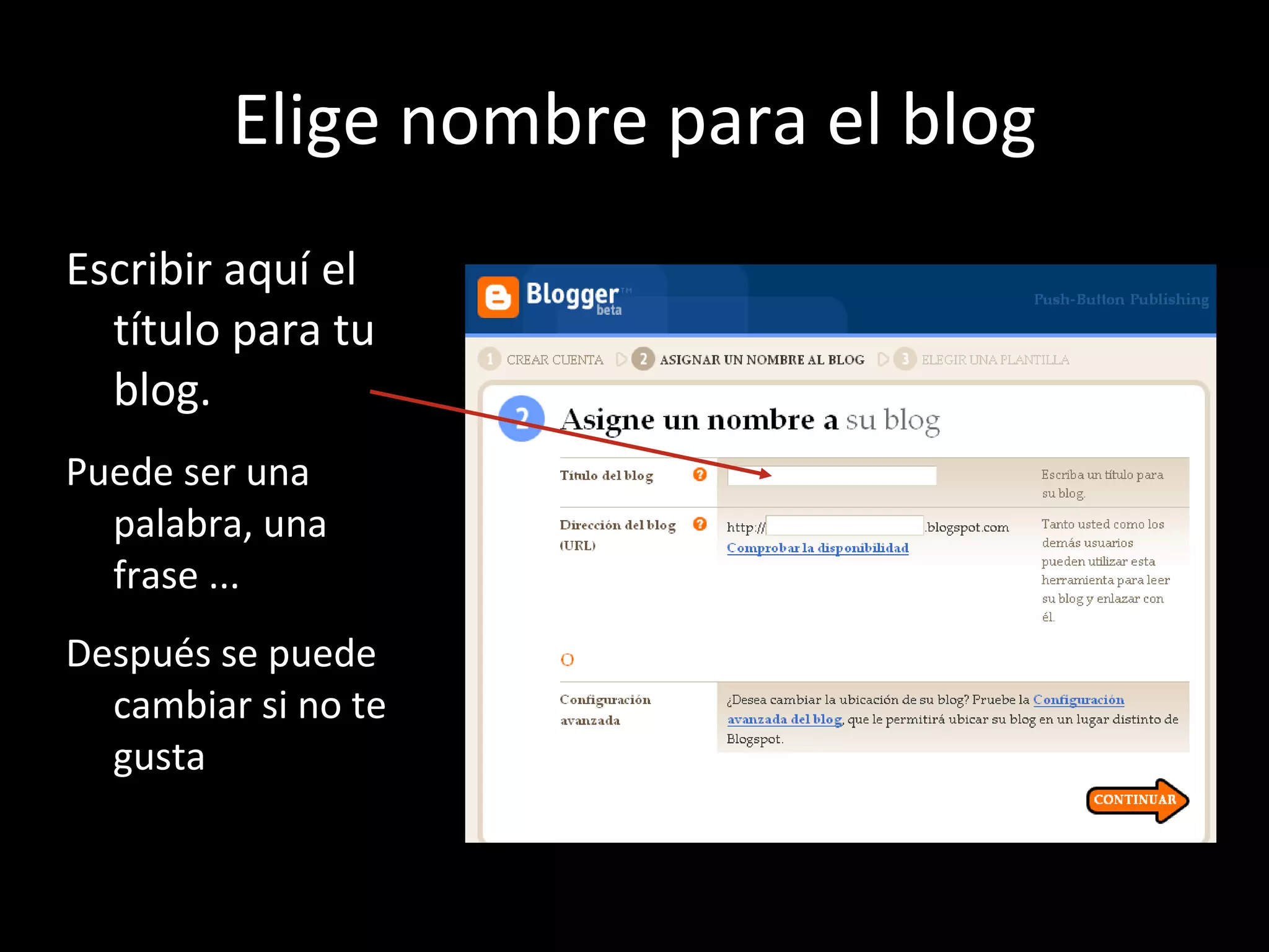 Elige nombre para el blog Escribir aquí el título para tu blog. Puede ser una palabra, una frase ... Después se puede cambiar si no te gusta 