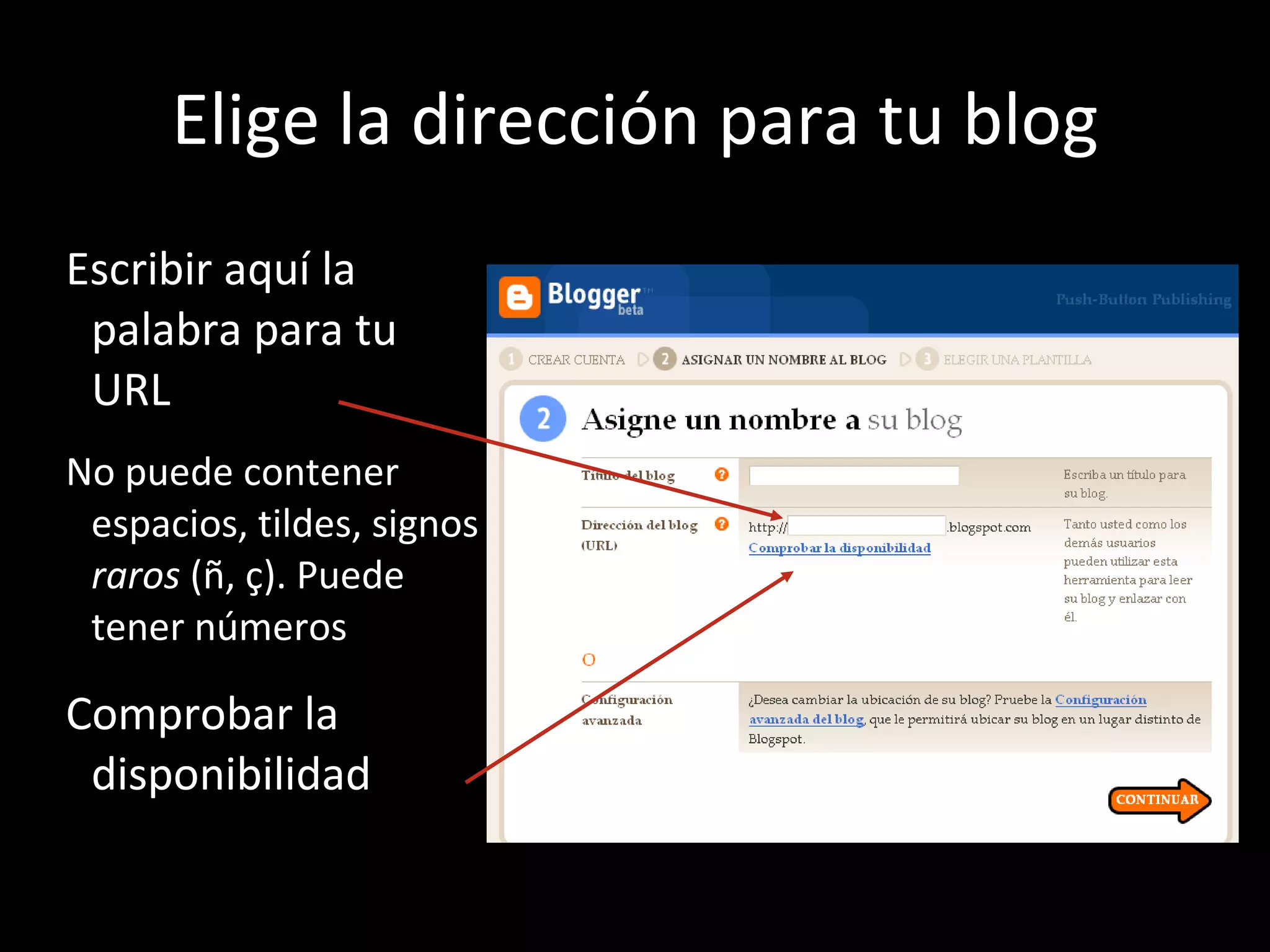 Elige la dirección para tu blog Escribir aquí la palabra para tu URL No puede contener espacios, tildes, signos  raros  (ñ, ç). Puede tener números Comprobar la disponibilidad 