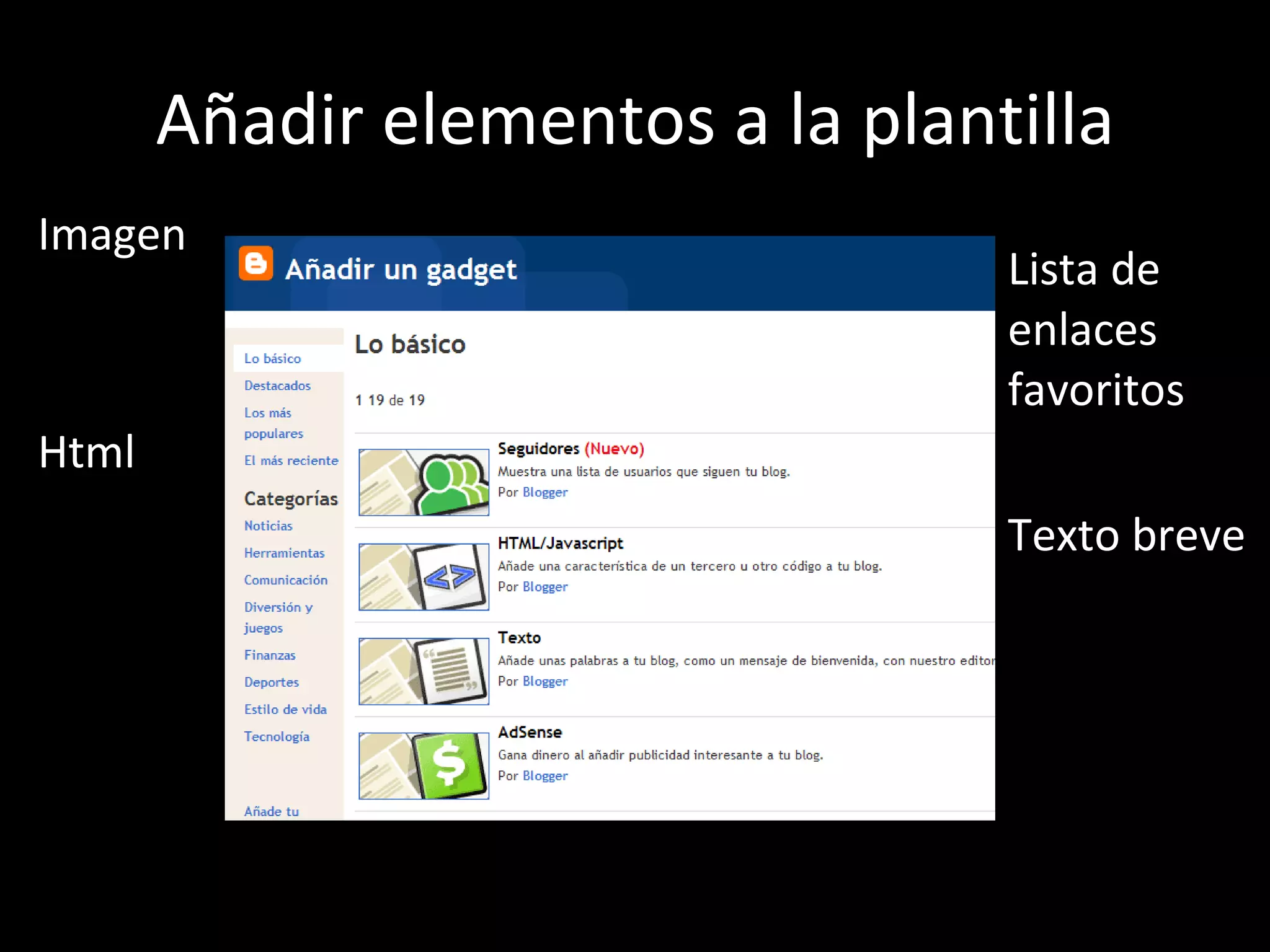 Añadir elementos a la plantilla Imagen Html  Lista de enlaces favoritos Texto breve 