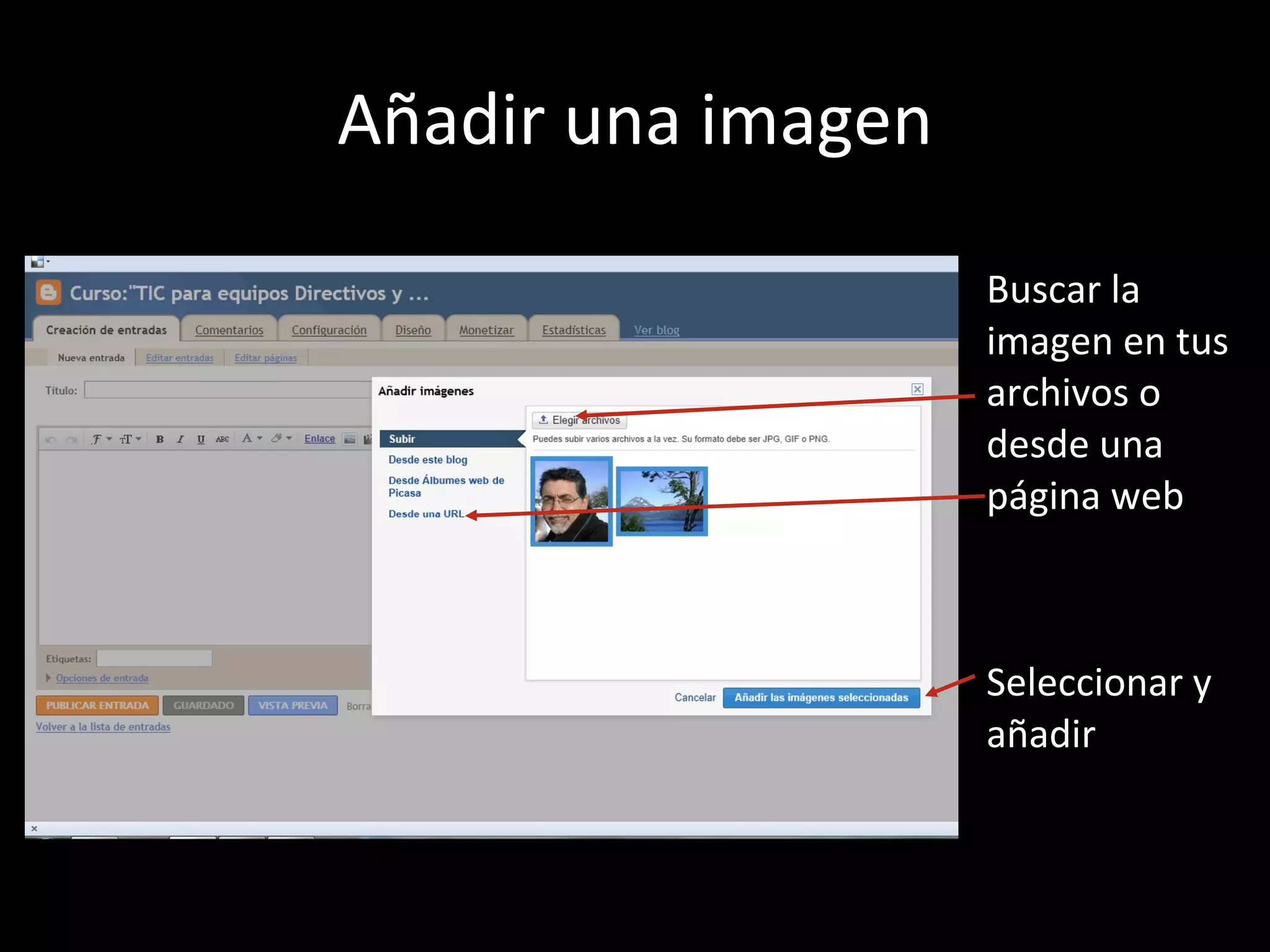 Añadir una imagen Buscar la imagen en tus archivos o desde una página web Seleccionar y añadir 