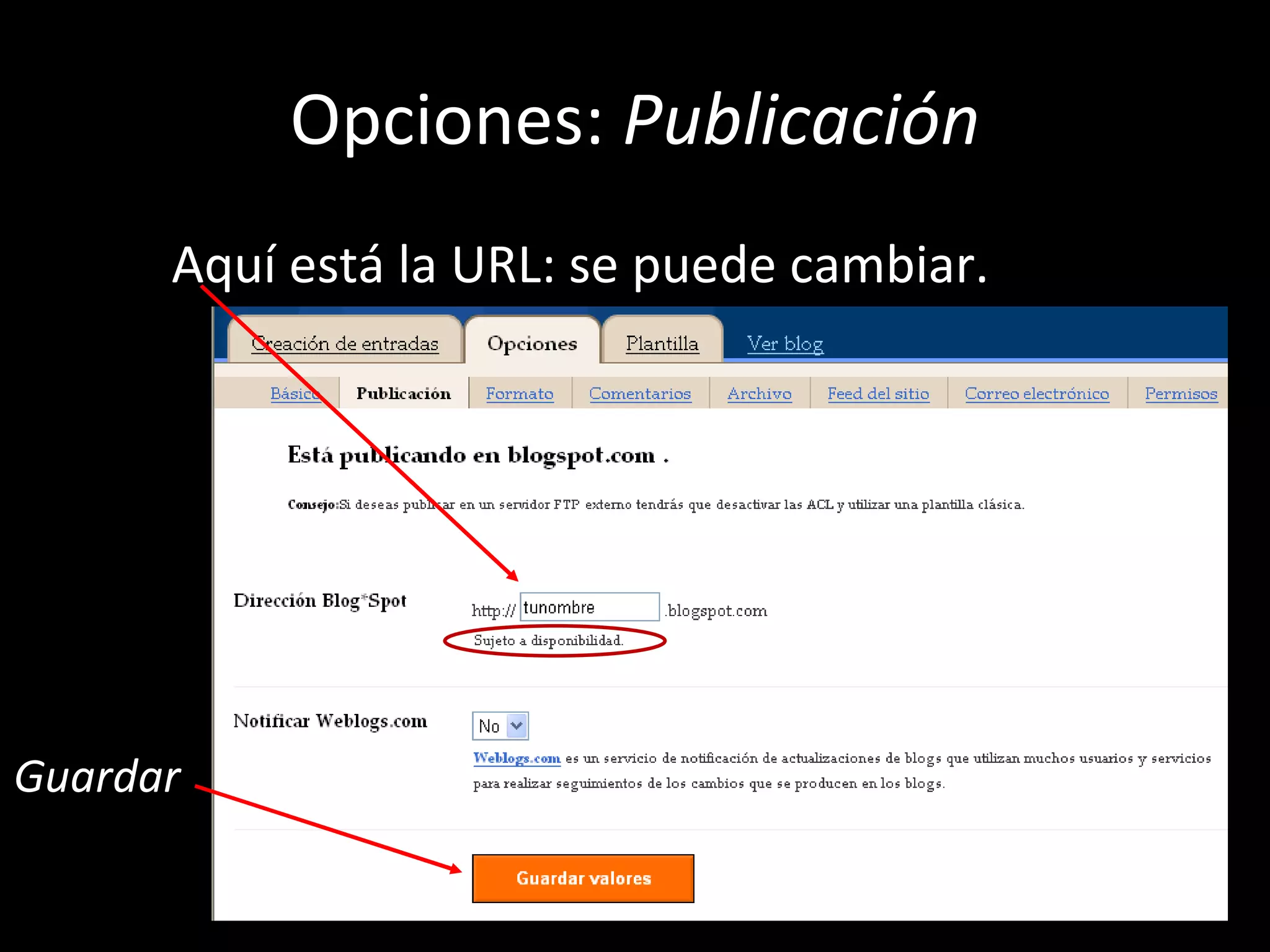 Opciones:  Publicación Aquí está la URL: se puede cambiar. Guardar 