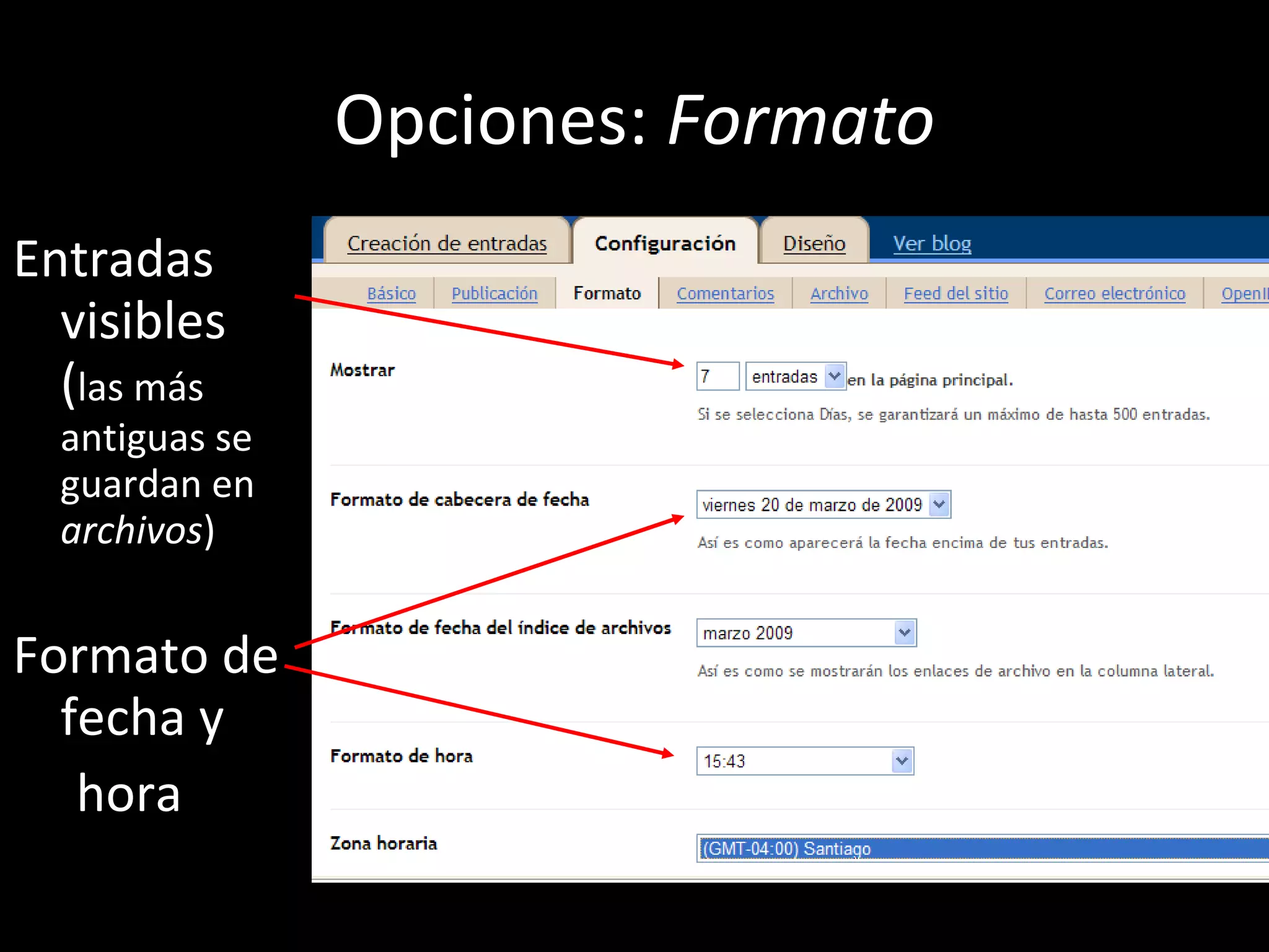 Opciones:  Formato Entradas visibles  ( las más antiguas se guardan en  archivos ) Formato de fecha y hora 