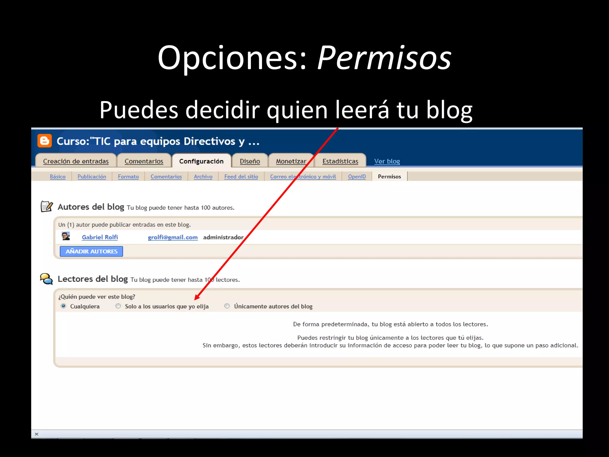 Opciones:  Permisos Puedes decidir quien leerá tu blog 