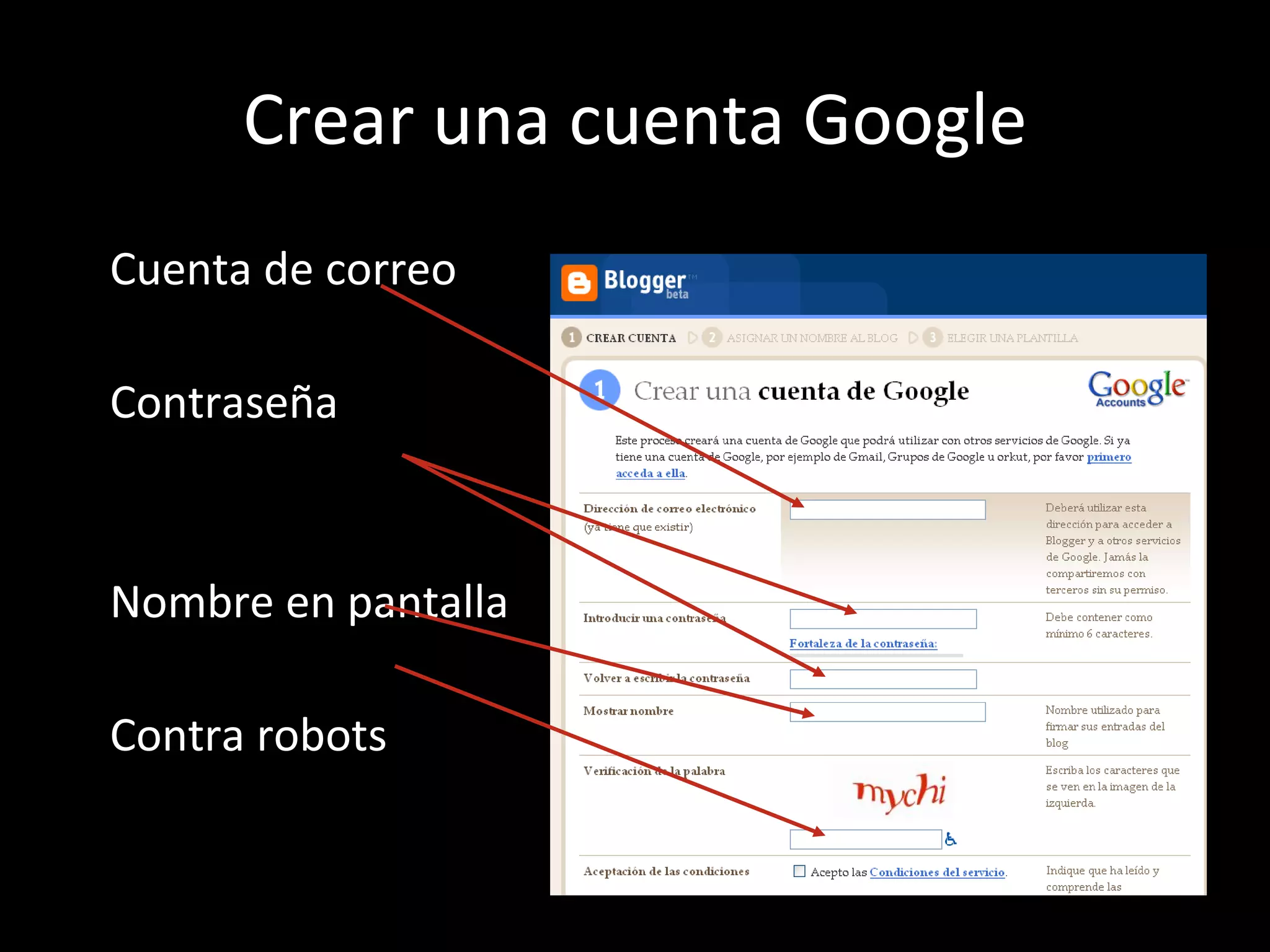 Crear una cuenta Google Cuenta de correo Contraseña Nombre en pantalla Contra robots 