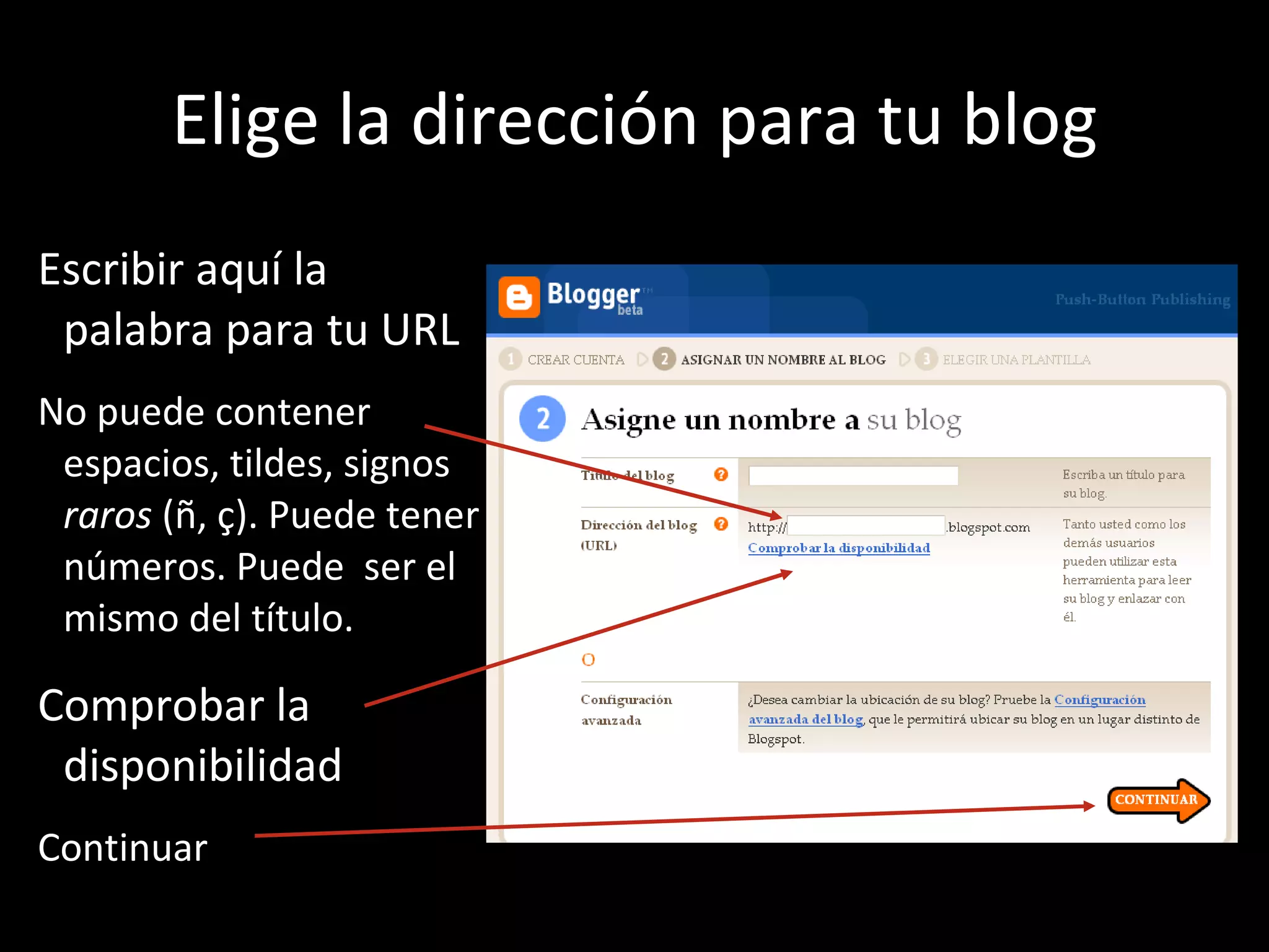 Elige la dirección para tu blog Escribir aquí la palabra para tu URL No puede contener espacios, tildes, signos  raros  (ñ, ç). Puede tener números. Puede  ser el mismo del título. Comprobar la disponibilidad Continuar 