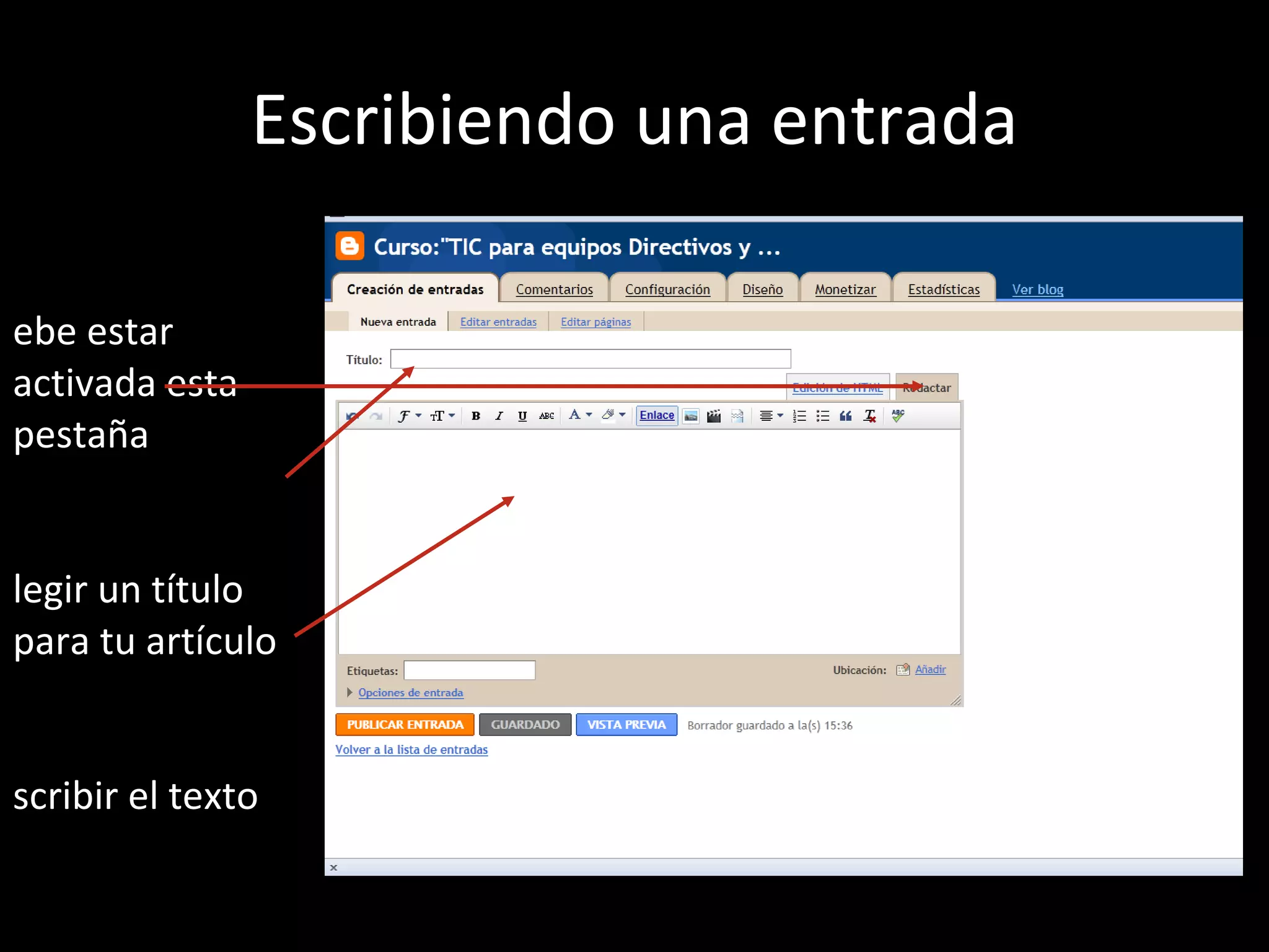 Escribiendo una entrada Debe estar activada esta pestaña Elegir un título para tu artículo Escribir el texto 