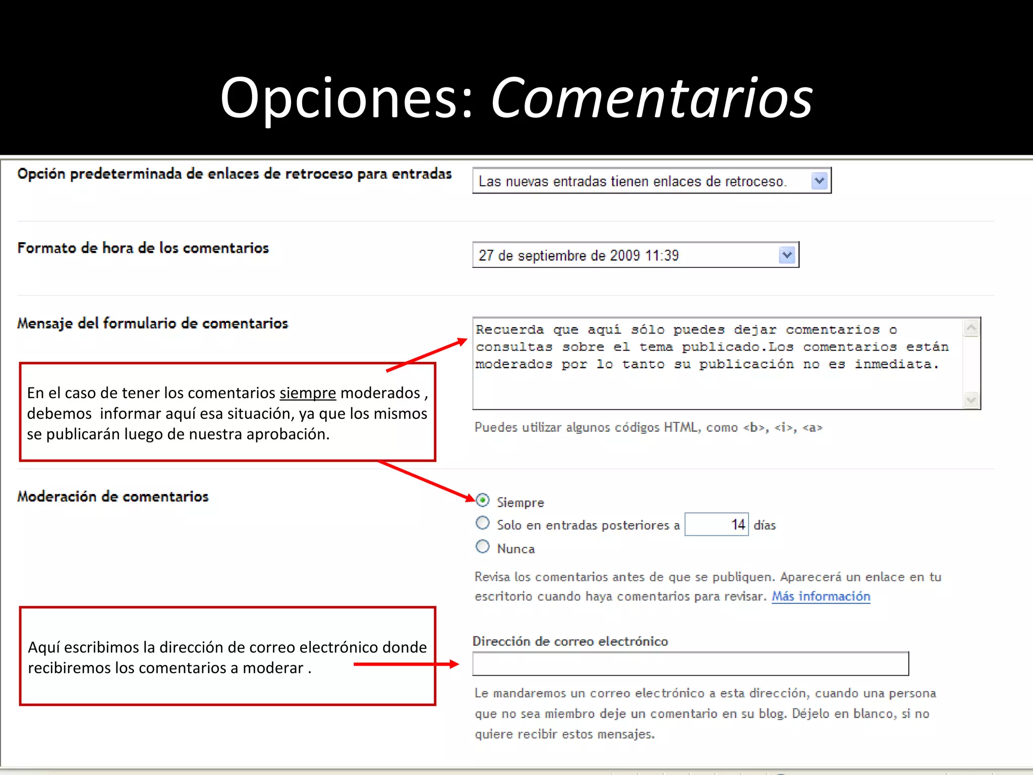 Opciones:  Comentarios En el caso de tener los comentarios  siempre  moderados , debemos  informar aquí esa situación, ya que los mismos se publicarán luego de nuestra aprobación. Aquí escribimos la dirección de correo electrónico donde recibiremos los comentarios a moderar . 