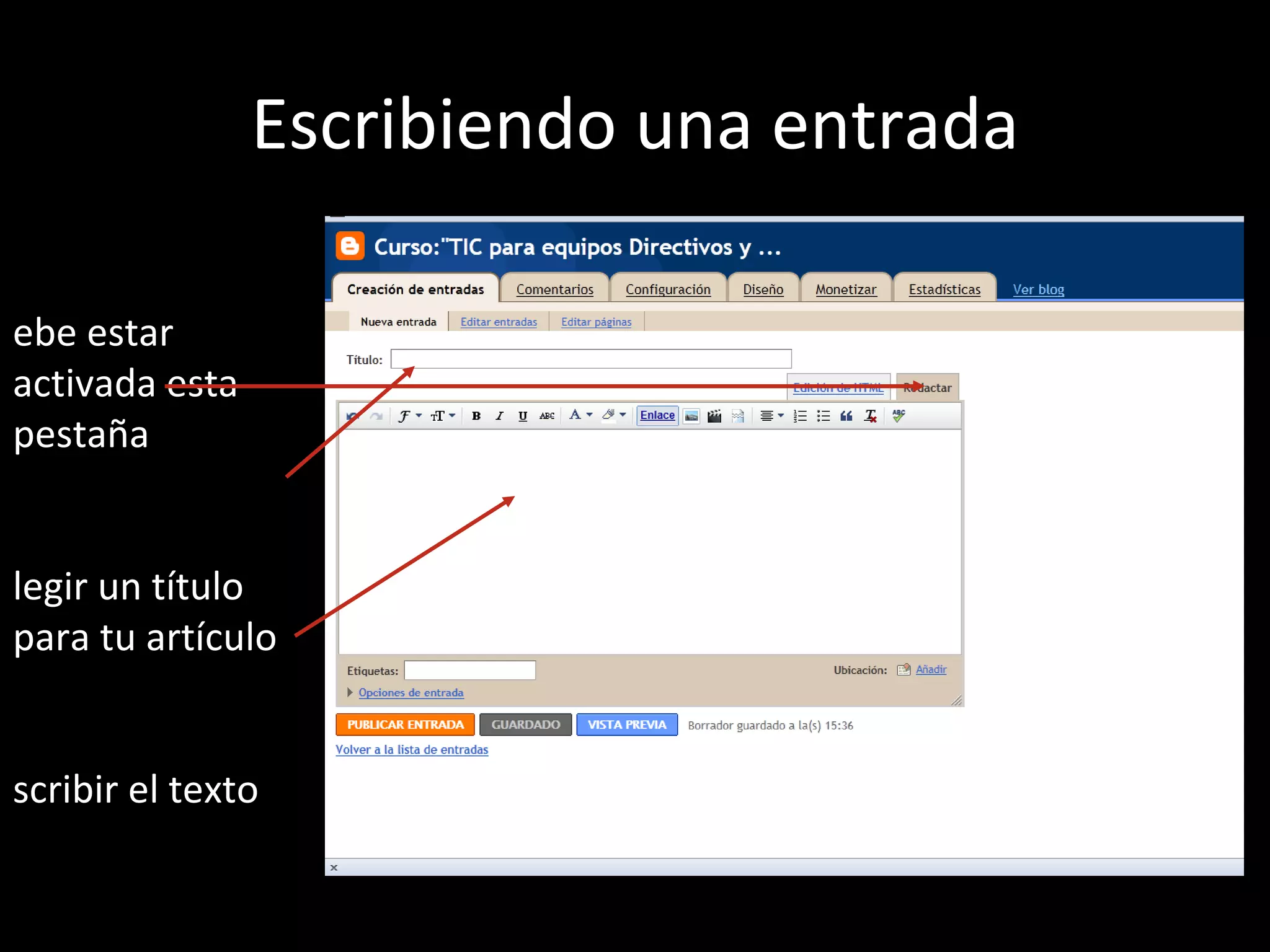 Escribiendo una entrada

ebe estar
activada esta
pestaña


legir un título
para tu artículo


scribir el texto
 