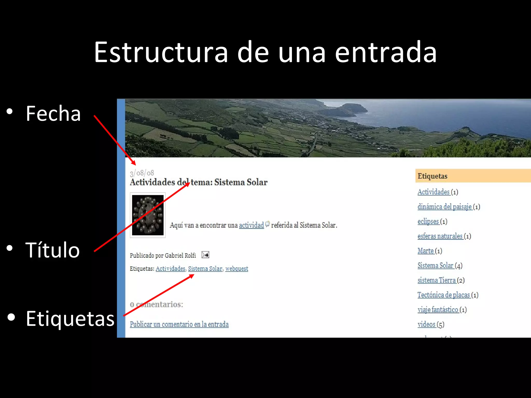 Estructura de una entrada
• Fecha




• Título

• Etiquetas
 