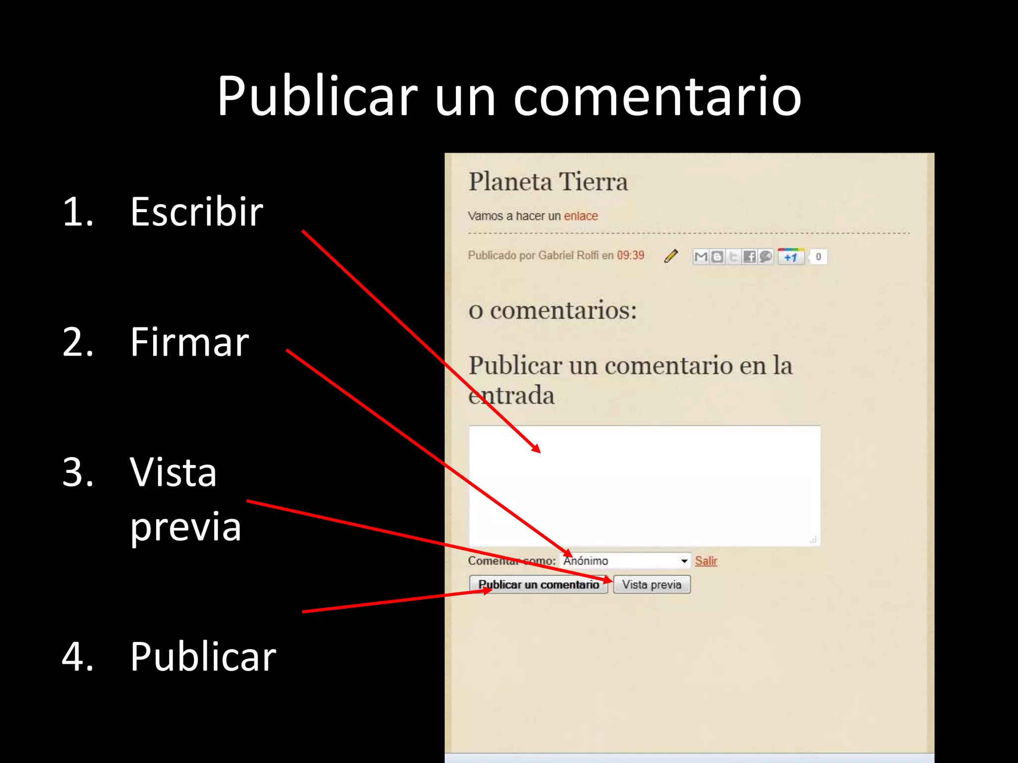 Publicar un comentario
1. Escribir

2. Firmar

3. Vista
   previa

4. Publicar
 