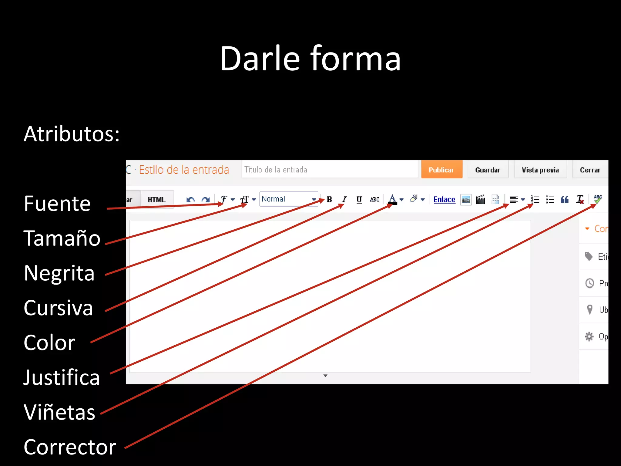 Darle forma
Atributos:

Fuente
Tamaño
Negrita
Cursiva
Color
Justifica
Viñetas
Corrector
 
