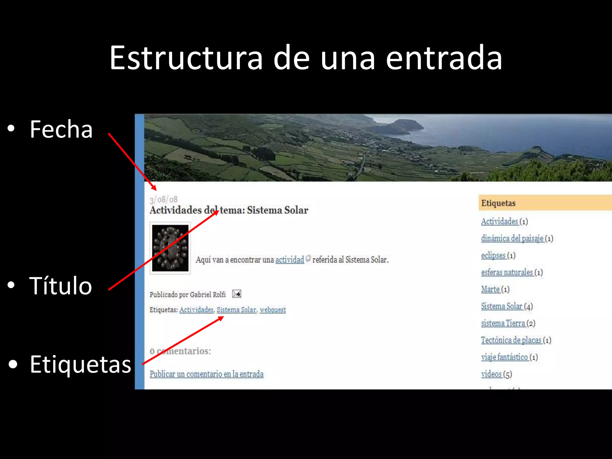 Estructura de una entrada
• Fecha




• Título

• Etiquetas
 