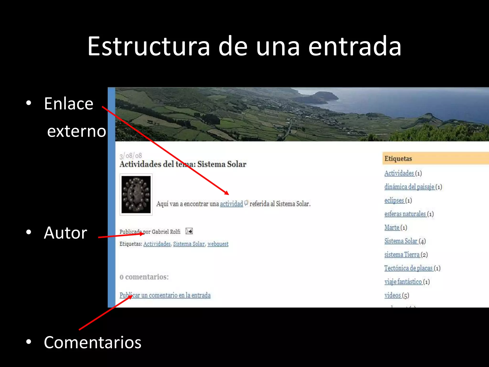 Estructura de una entrada
• Enlace
  externo




• Autor




• Comentarios
 