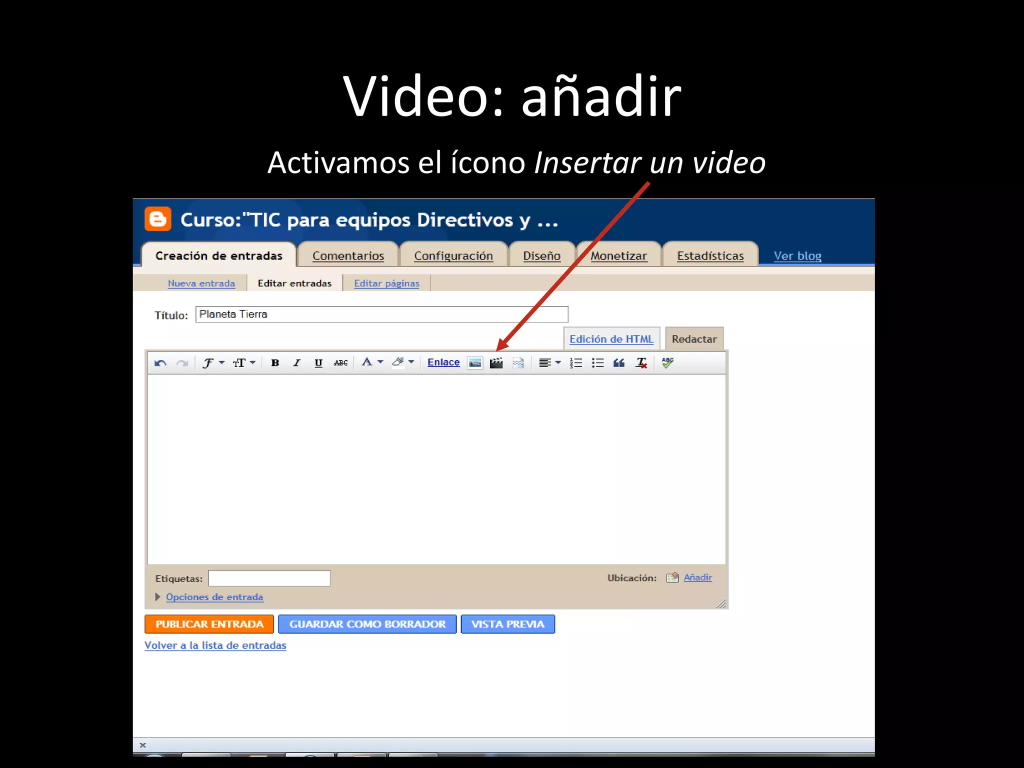 Video: añadir Activamos el ícono Insertar un video 
