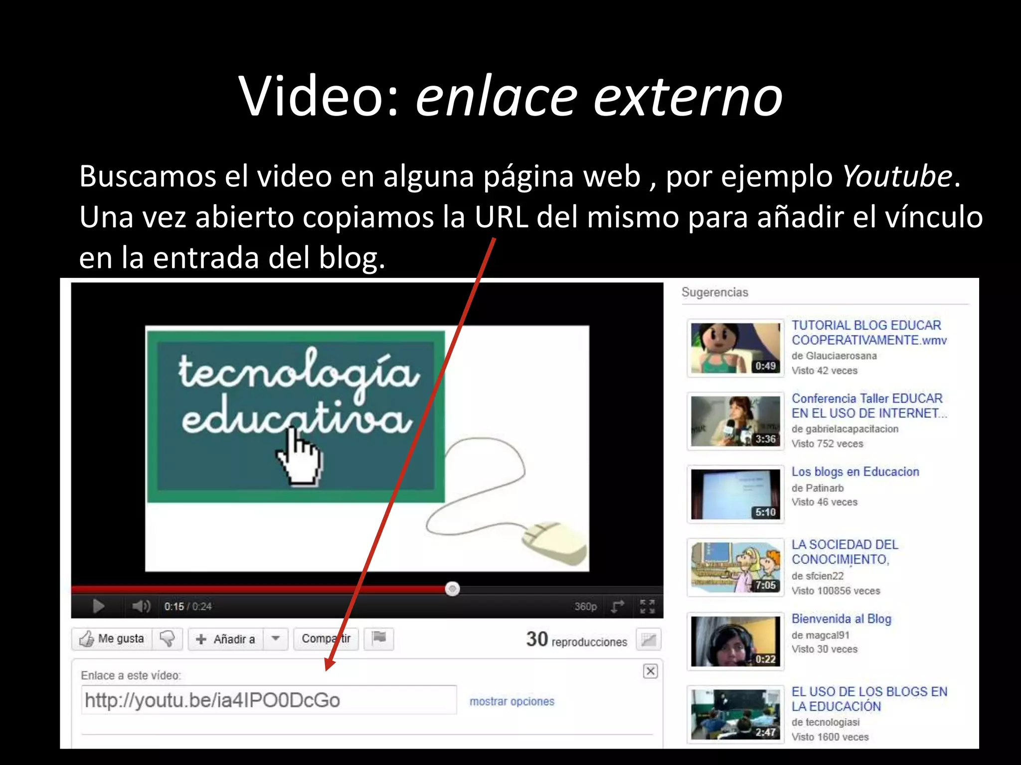 añadir o insertar para verlo en la entrada.Video: enlace externoBuscamos el video en alguna página web , por ejemplo Youtube.Una vez abierto copiamos la URL del mismo para añadir el vínculoen la entrada del blog.