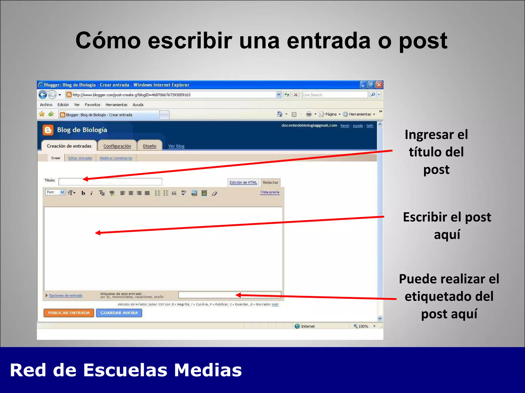 Cómo escribir una entrada o post Ingresar el título del post Escribir el post aquí Puede realizar el etiquetado del post aquí 