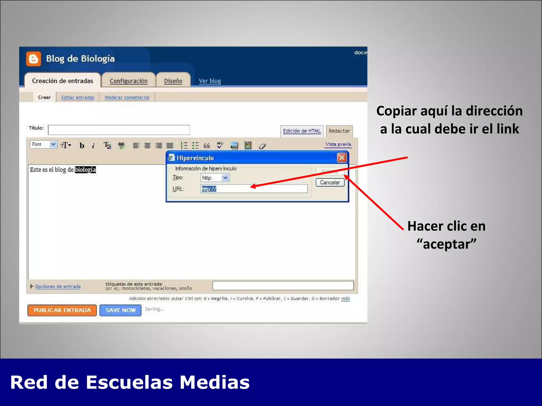 Copiar aquí la dirección a la cual debe ir el link Hacer clic en “aceptar” 