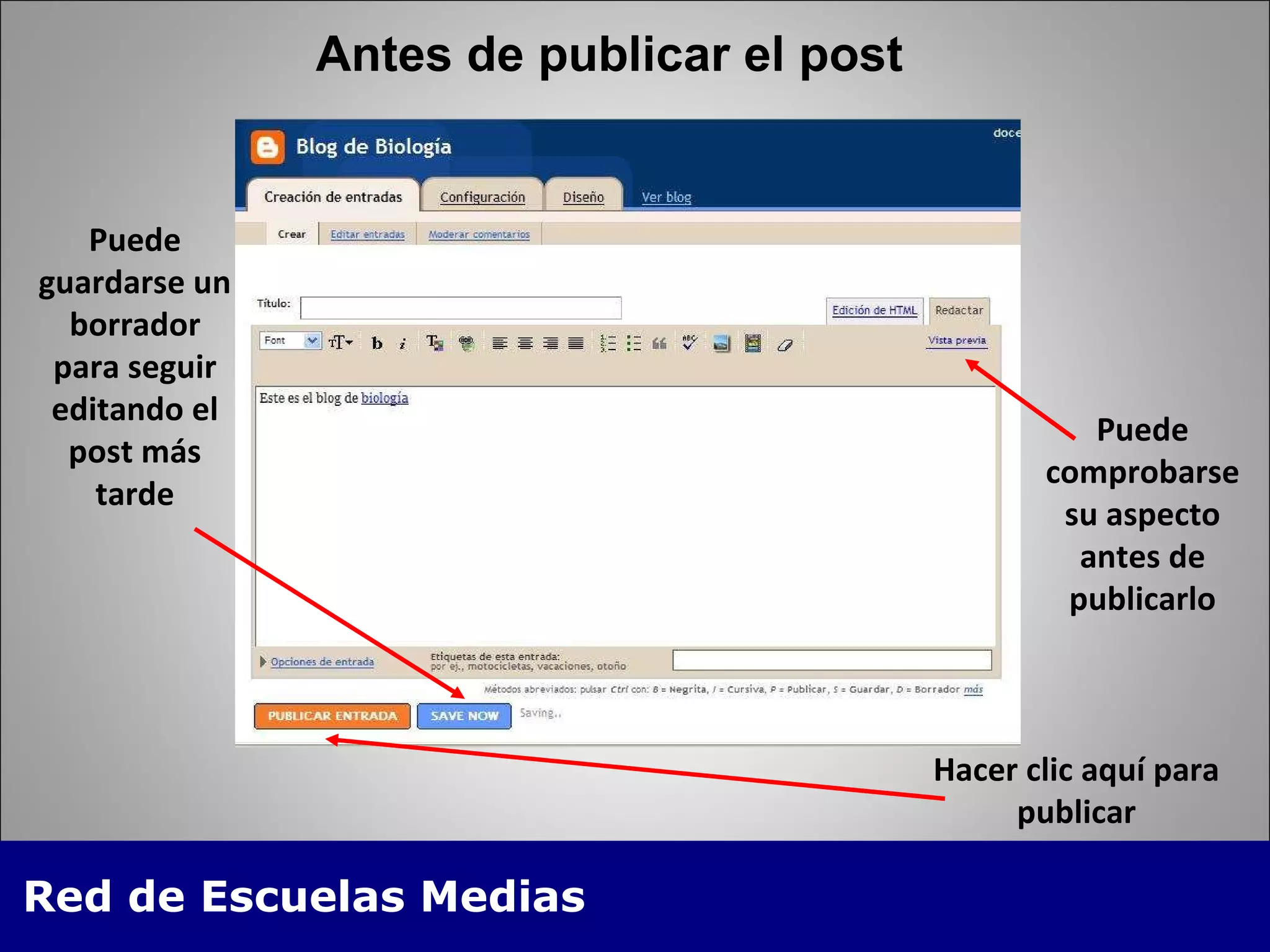Antes de publicar el post Puede guardarse un borrador para seguir editando el post más tarde Puede comprobarse su aspecto antes de publicarlo Hacer clic aquí para publicar 