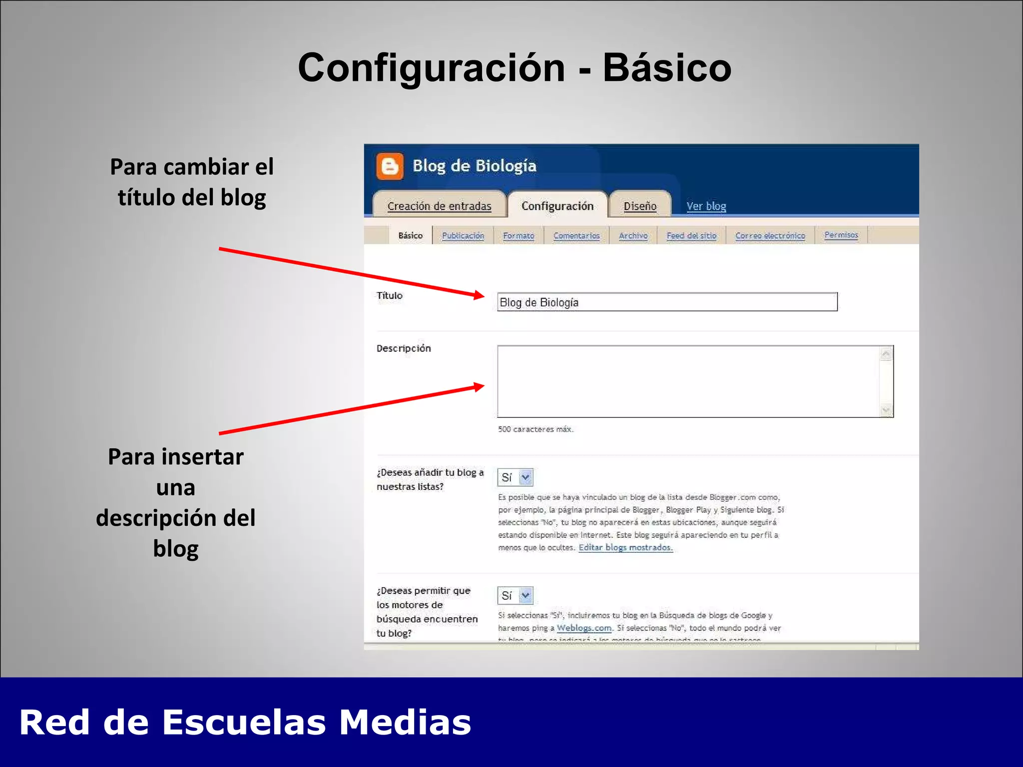 Configuración - Básico Para cambiar el título del blog Para insertar una descripción del blog 