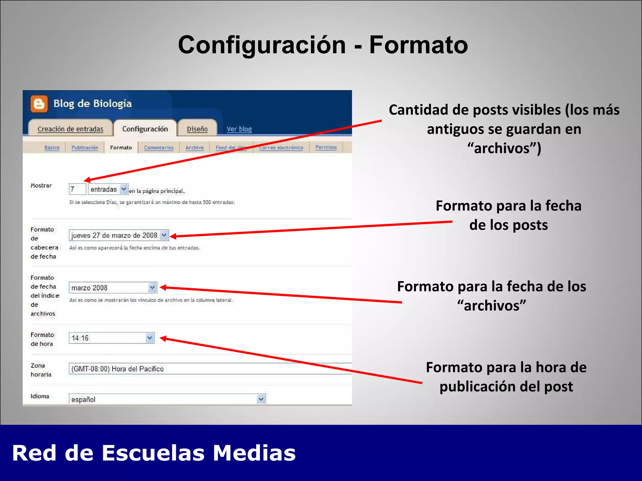 Configuración - Formato Cantidad de posts visibles (los más antiguos se guardan en “archivos”) Formato para la fecha de los posts Formato para la fecha de los “archivos” Formato para la hora de publicación del post 