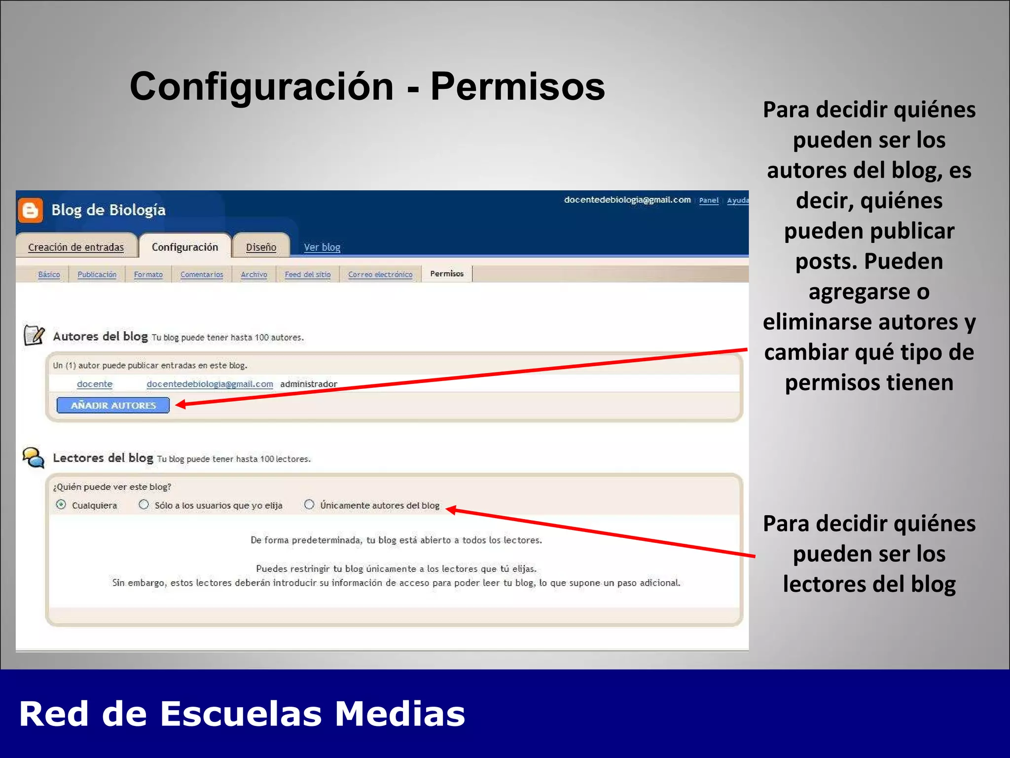 Configuración - Permisos Para decidir quiénes pueden ser los autores del blog, es decir, quiénes pueden publicar posts. Pueden agregarse o eliminarse autores y cambiar qué tipo de permisos tienen Para decidir quiénes pueden ser los lectores del blog 