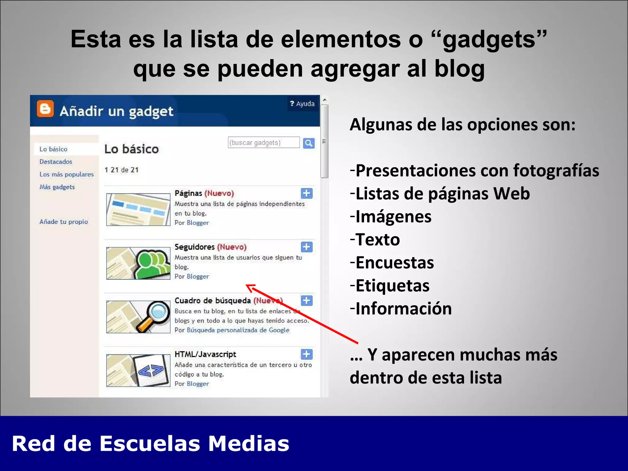 Esta es la lista de elementos o “gadgets” que se pueden agregar al blog Algunas de las opciones son: Presentaciones con fotografías Listas de páginas Web Imágenes Texto Encuestas Etiquetas Información …  Y aparecen muchas más dentro de esta lista 