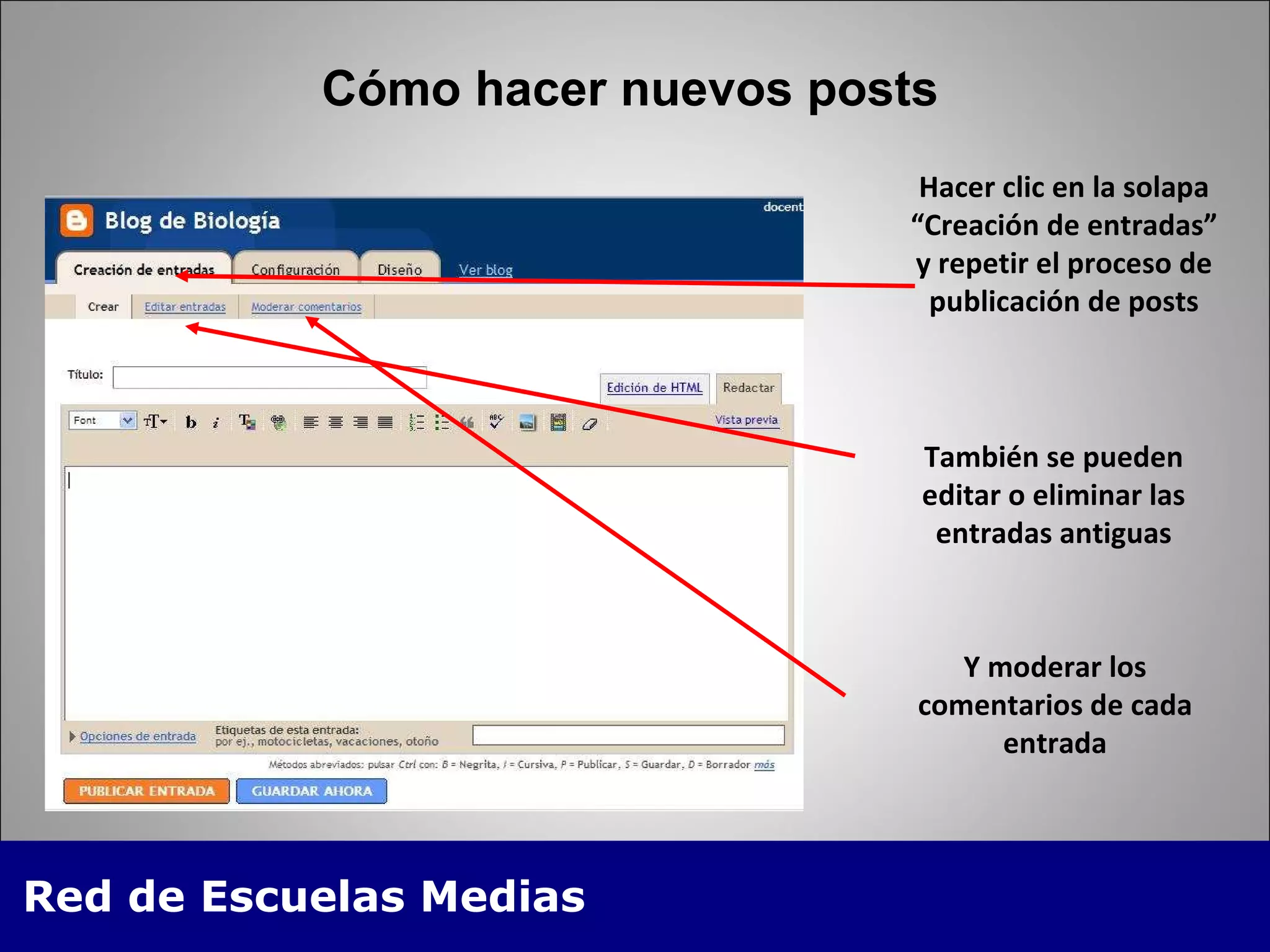 Cómo hacer nuevos posts Hacer clic en la solapa “Creación de entradas” y repetir el proceso de publicación de posts También se pueden editar o eliminar las entradas antiguas Y moderar los comentarios de cada entrada 