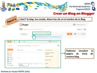Crear un Blog en Blogger
                      Listo!! Tu blog fue creado. Ahora haz clic en el nombre de tu Blog.




                                                                     Podemos visualizar la
                                                                     página de inicio de
                                                                     nuestro blog.




Diseñada por: Equipo FEDITIC (2012)
 