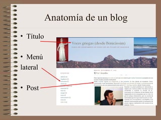 Anatomía de un blog
• Título

• Menú
lateral

• Post
 