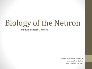Biology of the Neuron
Module B Lesson 1 Tutorial
Created by: Professor Hokerson
American River College
Last Updated: Fall 2015
 