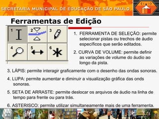 Ferramentas de Edição FERRAMENTA DE SELEÇÃO: permite selecionar pistas ou trechos de áudio específicos que serão editados. 2. CURVA DE VOLUME: permite definir as variações de volume do áudio ao longo da pista. 3. LÁPIS: permite interagir graficamente com o desenho das ondas sonoras. 4. LUPA: permite aumentar e diminuir a visualização gráfica das onds sonoras. 5. SETA DE ARRASTE: permite deslocar os arquivos de áudio na linha de tempo para frente ou para trás. 6. ASTERISCO: permite utilizar simultaneamente mais de uma ferramenta. 1 2 3 4 5 6 
