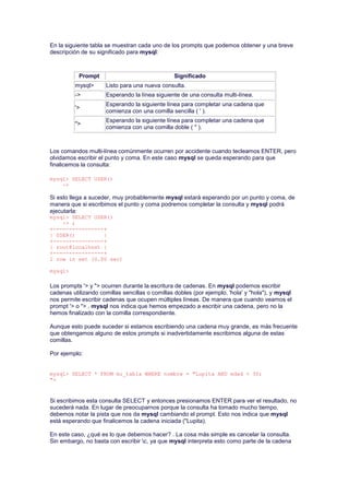 En la siguiente tabla se muestran cada uno de los prompts que podemos obtener y una breve
descripción de su significado para mysql:
Prompt Significado
mysql> Listo para una nueva consulta.
-> Esperando la línea siguiente de una consulta multi-línea.
'>
Esperando la siguiente línea para completar una cadena que
comienza con una comilla sencilla ( ' ).
">
Esperando la siguiente línea para completar una cadena que
comienza con una comilla doble ( " ).
Los comandos multi-línea comúnmente ocurren por accidente cuando tecleamos ENTER, pero
olvidamos escribir el punto y coma. En este caso mysql se queda esperando para que
finalicemos la consulta:
mysql> SELECT USER()
->
Si esto llega a suceder, muy probablemente mysql estará esperando por un punto y coma, de
manera que si escribimos el punto y coma podremos completar la consulta y mysql podrá
ejecutarla:
mysql> SELECT USER()
-> ;
+----------------+
| USER() |
+----------------+
| root@localhost |
+----------------+
1 row in set (0.00 sec)
mysql>
Los prompts '> y "> ocurren durante la escritura de cadenas. En mysql podemos escribir
cadenas utilizando comillas sencillas o comillas dobles (por ejemplo, 'hola' y "hola"), y mysql
nos permite escribir cadenas que ocupen múltiples líneas. De manera que cuando veamos el
prompt '> o "> , mysql nos indica que hemos empezado a escribir una cadena, pero no la
hemos finalizado con la comilla correspondiente.
Aunque esto puede suceder si estamos escribiendo una cadena muy grande, es más frecuente
que obtengamos alguno de estos prompts si inadvertidamente escribimos alguna de estas
comillas.
Por ejemplo:
mysql> SELECT * FROM mi_tabla WHERE nombre = "Lupita AND edad < 30;
">
Si escribimos esta consulta SELECT y entonces presionamos ENTER para ver el resultado, no
sucederá nada. En lugar de preocuparnos porque la consulta ha tomado mucho tiempo,
debemos notar la pista que nos da mysql cambiando el prompt. Esto nos indica que mysql
está esperando que finalicemos la cadena iniciada ("Lupita).
En este caso, ¿qué es lo que debemos hacer? . La cosa más simple es cancelar la consulta.
Sin embargo, no basta con escribir c, ya que mysql interpreta esto como parte de la cadena
 